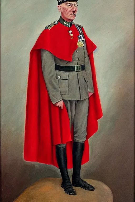 Prompt: ww 1 general wearing drab grey uniform, long red heroic cape with green trim on his back, oil on canvas