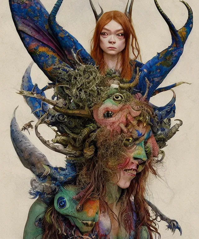Prompt: a portrait photograph of a meditating fierce sadie sink as a colorful harpy antilope super villian with slimy blue skin with reptilian scales. her body is transforming into an beast. by donato giancola, hans holbein, walton ford, gaston bussiere, peter mohrbacher and brian froud. 8 k, cgsociety, fashion editorial