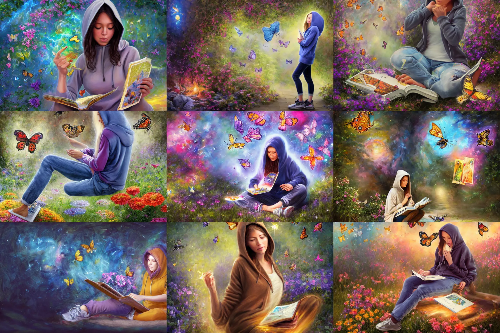 Prompt: distant full long wide view shot. woman in a hoodie, jean pants, sneakers, reading tarot. butterflies, flowers, fireflies, spirits, digital painting, detailed, colorful aura, 8 k, trending on artstation, smooth, sharp focus artwork by mark arian, artgerm, mark keathley, greg rutkowski