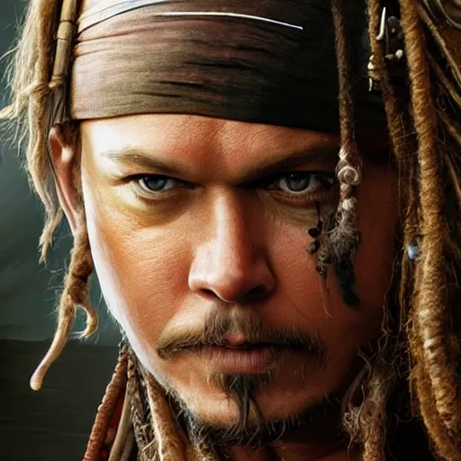 Prompt: hyperrealstic mixed media image of matt damon as captain jack sparrow, stunning 3 d render inspired art by istvan sandorfi and greg rutkowski, perfect facial symmetry, realistic, highly detailed attributes and atmosphere, dim volumetric cinematic lighting, 8 k octane extremely hyper - detailed render, post - processing, masterpiece