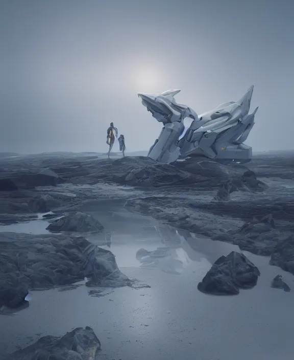 Image similar to surreal romantic covenant prometeus deformation, horizontal white mecha building architecture by ruan jia, futuristic berserk white architecture in the beach in iceland, foggy, highly detailed, digital painting, arstation, concept art, hyperealistic octane render, unreal engine