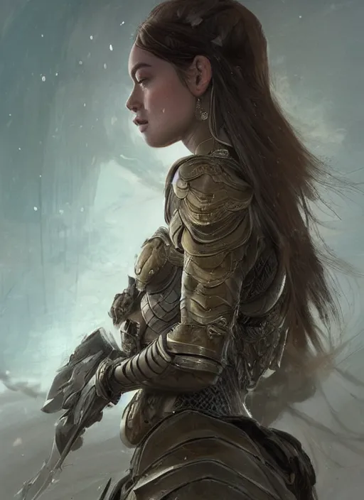 Image similar to a professional portrait of a beautiful young female, clothed in ethereal battle armor, olive skin, long dark hair, beautiful bone structure, symmetrical facial features, intricate, elegant, digital painting, concept art, smooth, sharp focus, finely detailed, illustration, from Valerian and the City of a Thousand Planets, in the style of Ruan Jia and Mandy Jurgens and Artgerm and Greg Rutkowski and William-Adolphe Bouguerea