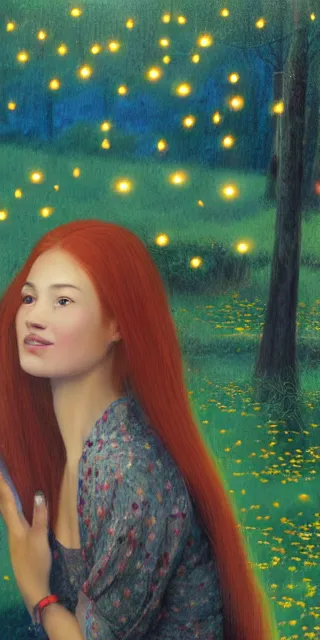 Image similar to infp young woman, smiling, amazed by golden fireflies lights, sitting in the midst of nature fully covered, long loose red hair, intricate linework, green eyes, small nose with freckles, oval shape face, realistic, expressive emotions, dramatic lights mystical scene, hyper realistic ultrafine art by artemisia gentileschi, albert bierstadt, artgerm