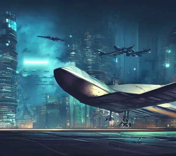 Image similar to futuristic sci fi jet lands at runway of cyberpunk city, night photo ,dark cinematic lighting , digital concept art