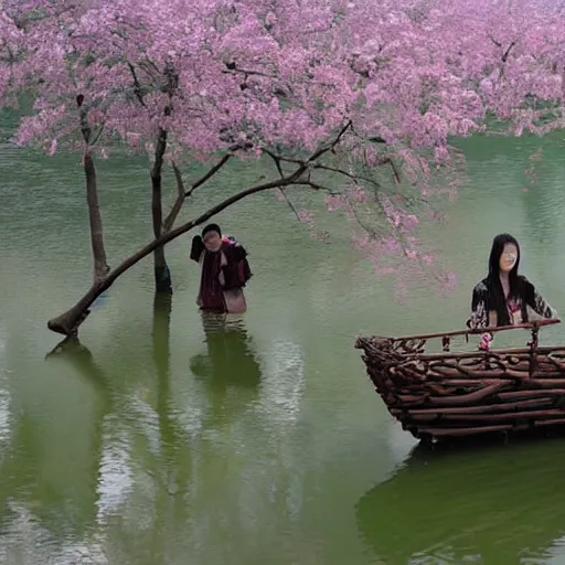 Prompt: here on the land of qin, i see a young lady, by the green waters she picks mulberry leaves