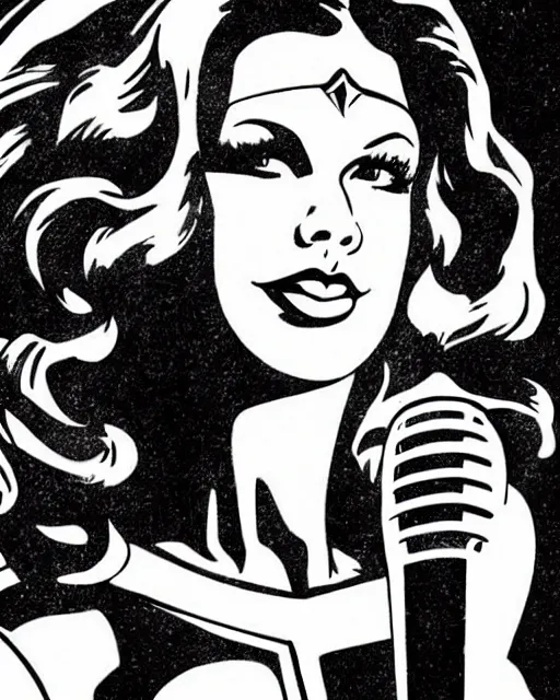 Image similar to taylor swift as wonder woman with a microphone in her hand as her weapon drawn in a 1 9 5 0 s cartoon on a saturday morning style, hugh quality, very well proportioned silhouette