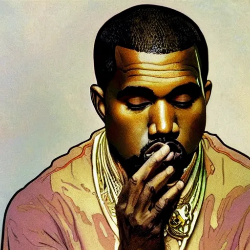 Image similar to surprised Kanye West, painting by Alphonse Mucha