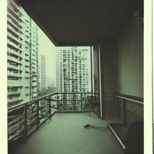 Image similar to A polaroid of a cyberpunk apartment balcony. Signed 1962