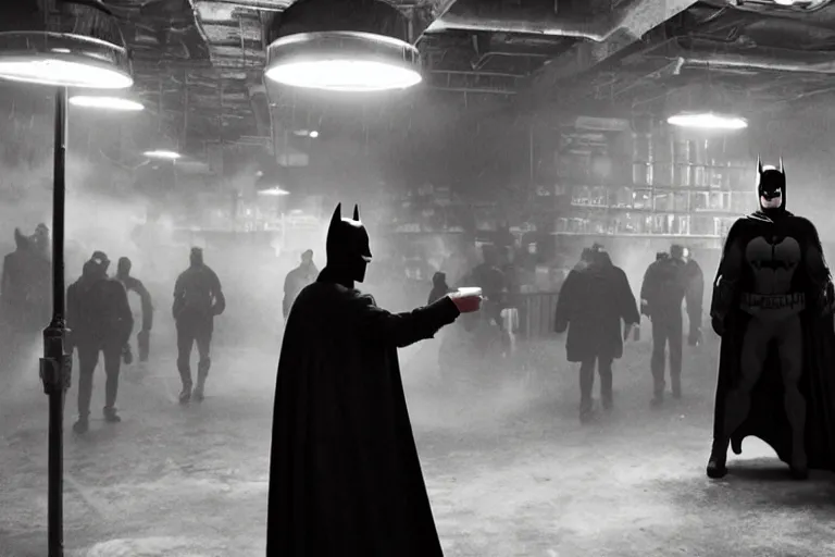 Prompt: batman offering free beer, atmospheric eerie lighting, dim lighting, bodycam footage, motion blur, blurry photography