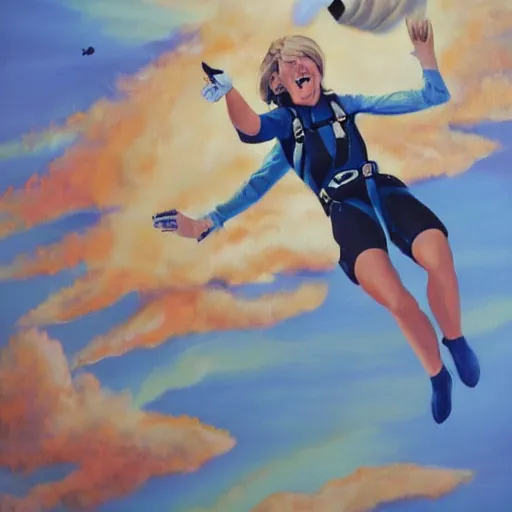 Image similar to painting of martha Stewart skydiving enthusiastically