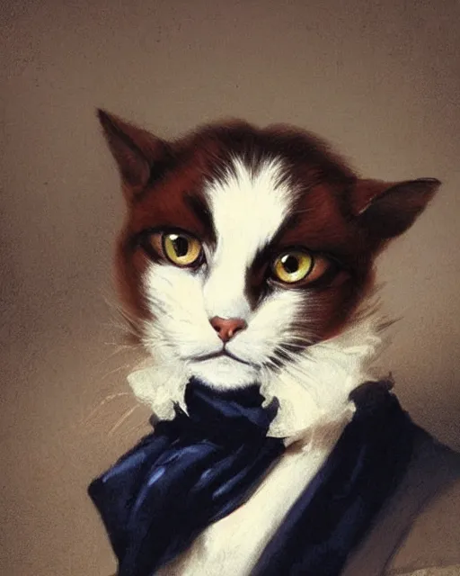 Image similar to cute brown cat with serious expression wearing regency era menswear in navy and white, thomas lawrence, greg rutkowski