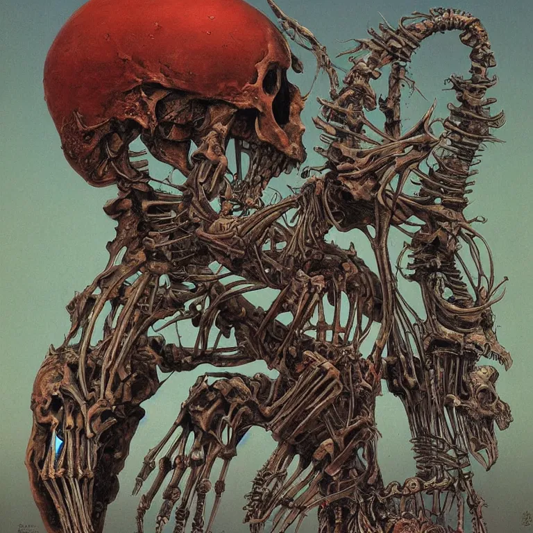Image similar to organic cyborg alien skeleton alien centipede planet face style of zdzislaw beksinski surrealism poster art album cover contrast skull eyeballs KILL KILL KILL