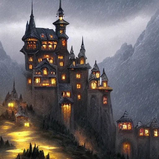 Prompt: a light oil painting of a magnificent light grey high fantasy castle on top of a mountain. below is a bustling town filled with people, artstation, rainy weather