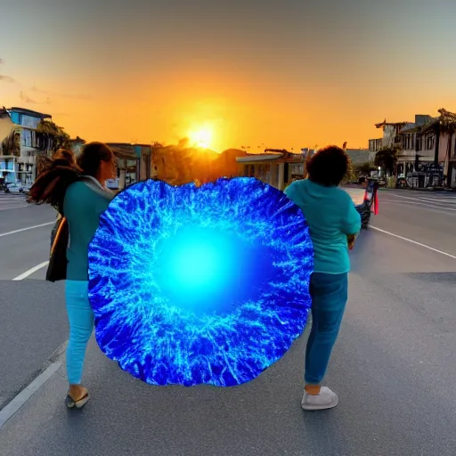 Prompt: a woman facing a blue wormhole on the street, which shows a beach at sunset