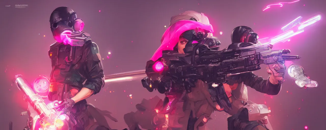 Image similar to duotone concept illustration 3 / 4, hero with blaster, shootout!, glow pink shots, higly detailed, by artgerm, cushart krenz, greg rutkowski, james jean, nouveau, digital art, gaudy colors, sharp edges, 8 k, elegant, intricate, octane render, artstation