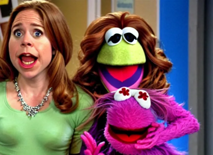 Prompt: film still of muppet!!!!! pam beesly!!!! as a muppet muppet muppet as a muppet in the tv show the muppet office