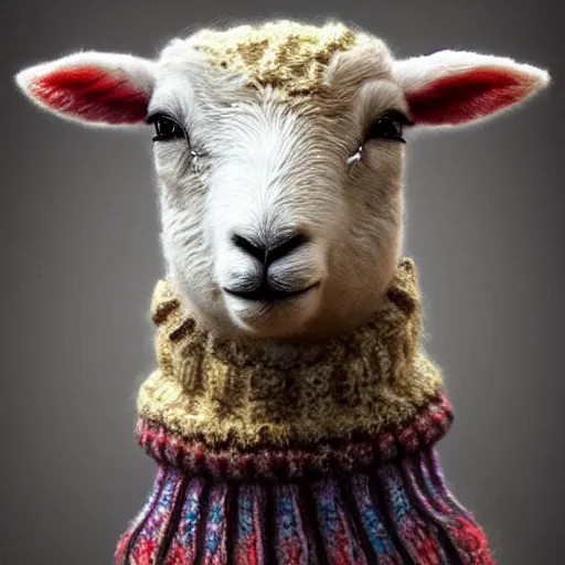 Prompt: lamb wearing a sweater made of phone cord, sweater, canon portrait, full body shot, 4k, hills in the background, symmetry!!, coherent, photorealistic, cold colors, Scotland artstation,