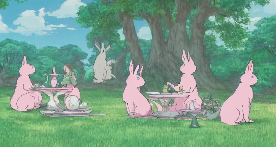 Prompt: 3 pink and teal colored bunnies having a tea party, by studio ghibli, makoto shinkai, beautiful nature illustration