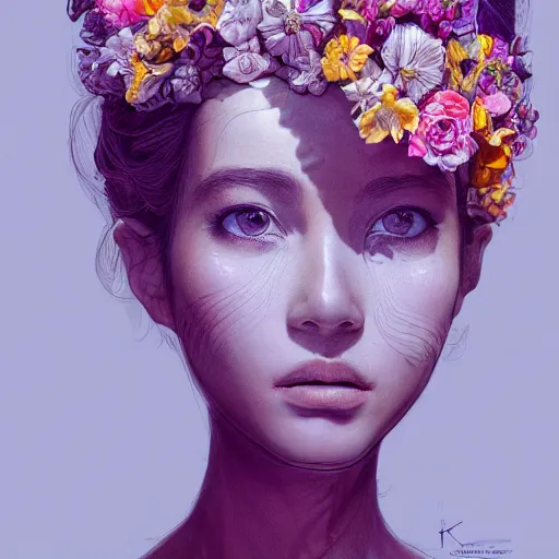 Image similar to the portrait of an absurdly beautiful, graceful, elegant young woman made of bananas and petals looking down, an ultrafine detailed illustration by kim jung gi, irakli nadar, intricate linework, bright colors, octopath traveler, final fantasy, angular, unreal engine 5 highly rendered, global illumination, radiant light, detailed and intricate environment