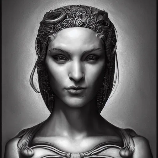 Prompt: dream a portrait of a feminine cyborg nymph - machina carved from stone - by tony diterlizzi, ilford hp 5, 5 5 mm, hyper realistic, super detailed by artgerm, tomasz alen kopera, peter mohrbacher, hyper - goth, horror - core, joseph christian leyendecker and h. r