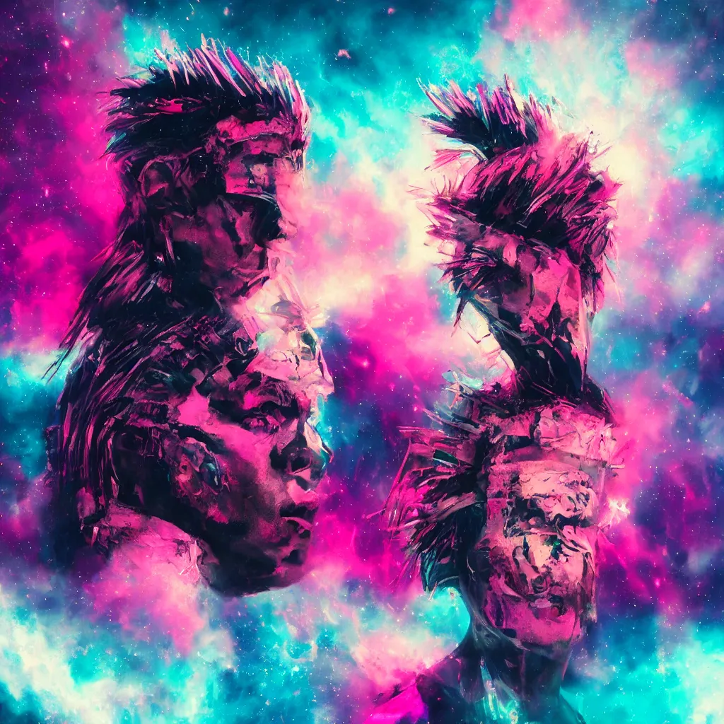 Prompt: portrait of punk big beautiful face, space, dark, stars, pirate neon ship with punks on board, mohawks, neon, oil painting, pink, rich deep colors masterpiece, ultra detailed, contrast, heaven pink, punk rock with mohawks, clouds, sky, volumetric light, atmospheric lighting, dramatic, cinematic, moody, octane render 4 k, 8 k