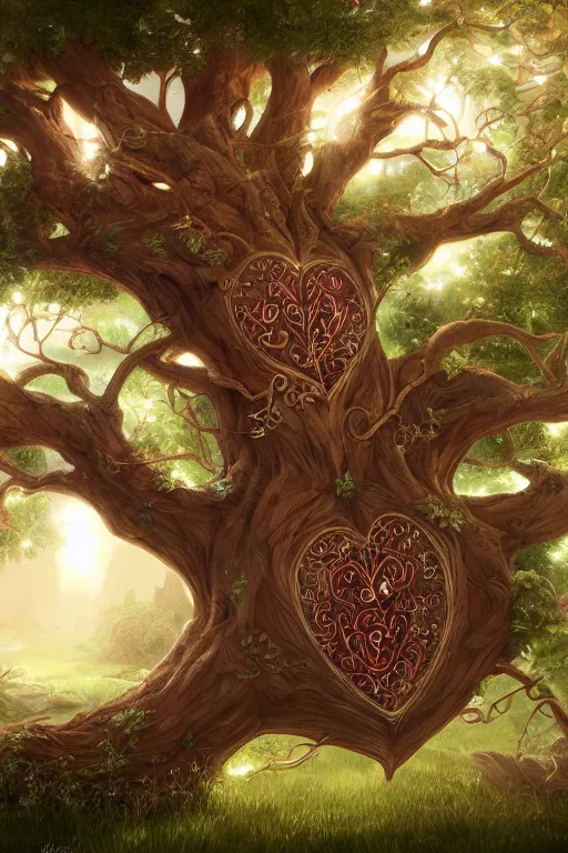 Image similar to A beautiful digital illustration painting of a detailed fantasy tree with a heart carved in the trunk by Blair Leighton and Charlie Bowater, 8k resolution trending on Artstation concept art digital illustration