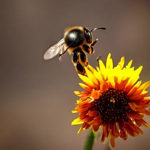 Image similar to a bee landing on a burning flower, the forest is on fire, there is fire everywhere, beautiful macro photography, perfect focus, nice composition