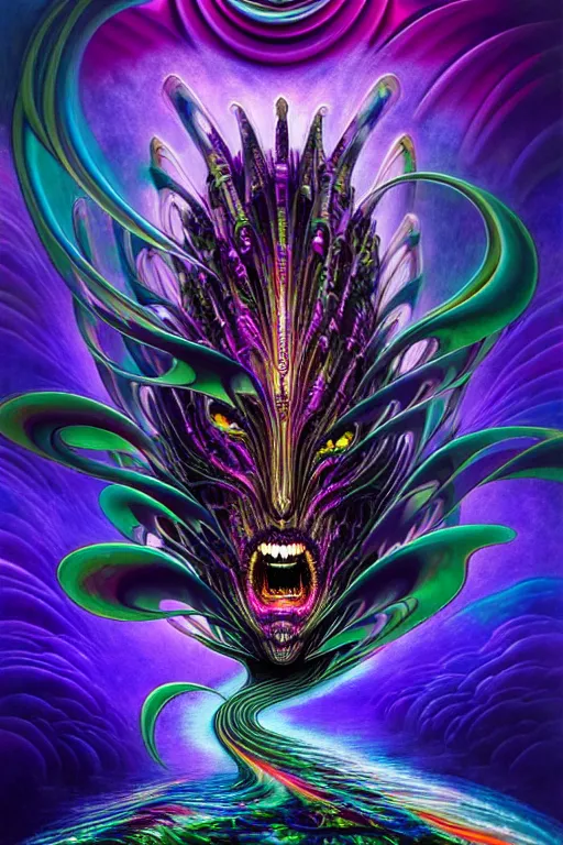 Prompt: depicting a wrathful technological nightmare monster god, in the style of lisa frank, exuberant organic elegant forms, by karol bak and filip hodas : : 1. 4 purple, red, blue, green, black intricate : : intuit art : : turbulent water backdrop : : damask wallpaper : : atmospheric