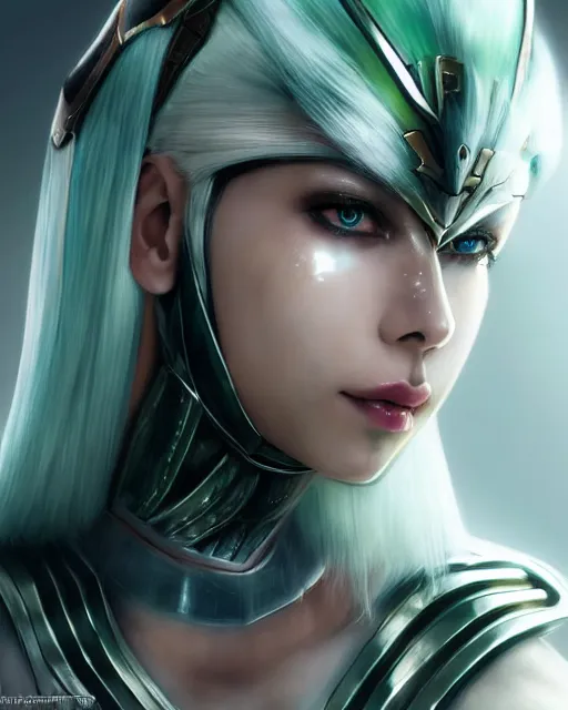 Image similar to perfect white haired attractive egyptian goddess, warframe armor, beautiful, symmetric, dreamy, half asian, pretty face, green eyes, charlize theron, detailed, scifi platform, laboratory, experiment, 4 k, ultra realistic, epic lighting, android body, illuminated, cinematic, masterpiece, art by akihito tsukushi, voidstar