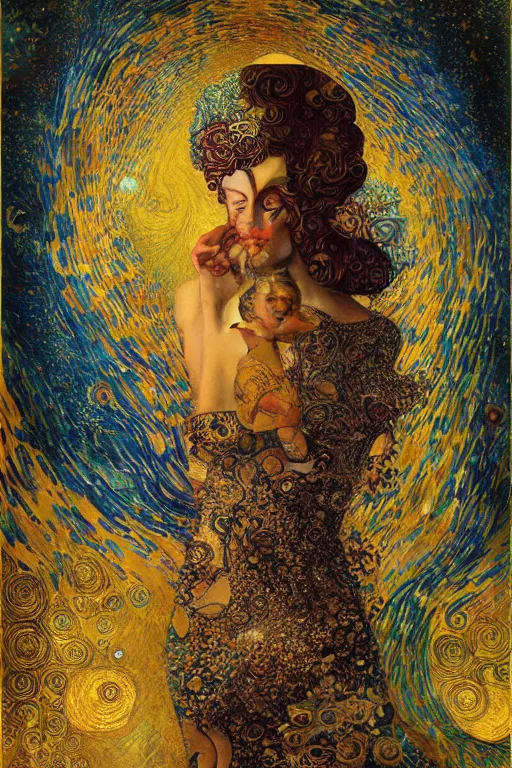 Image similar to Visions of Paradise by Karol Bak, Jean Deville, Gustav Klimt, and Vincent Van Gogh, visionary, otherworldly, fractal structures, ornate gilded medieval icon, third eye, spirals