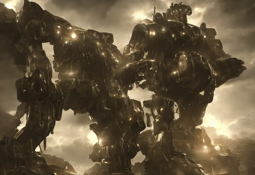 Image similar to mecha with the face of peron, photorealistic, film, cinematic lighting, octane tender, volumetric light, dark - art