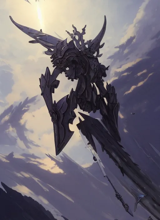 Image similar to close up of a extremely beautiful and aesthetic mech armor witch holding a symmetrical trident, highly detailed face, attractive symmetrical eyes, back shark fin, big wave horizon, dynamic model pose, slightly smiling, blue sky, big blade whale and black giants mech minotaurus, epic scene, fantasy illustrations, by makoto shinkai and peter mohrbacher and ferdinand knab