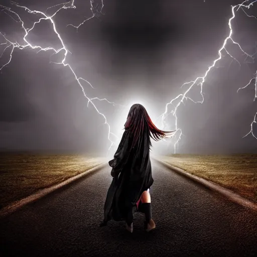 Image similar to mysterious young girl child with her long black hair dressed in a chequered robe, mysterious young girl is walking in strong wind and lightning storm, epic scene, atmospheric, surrounded by magical light, digital art, hd, 4 k, hyper detailed