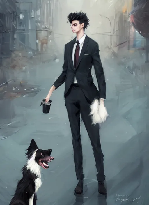 Image similar to beautiful portrait of a cute male anthropomorphic border collie fursona wearing a suit downtown. by charlie bowater, henry asencio, and ross tran. scenic background, detailed, concept art, detailed hands, glamor pose, aesthetic, trending on artstation, top rated on furaffinity and deviantart