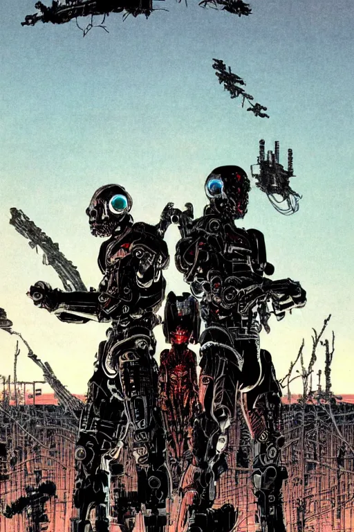 Image similar to cyborg bounty hunters at dusk, a color cover illustration by tsutomu nihei, tetsuo hara and katsuhiro otomo