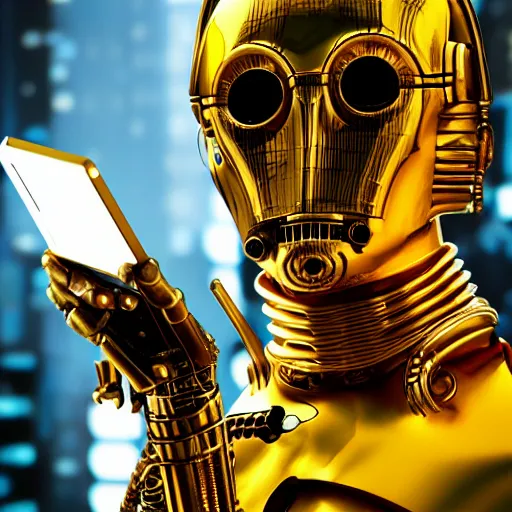 Image similar to photo of c 3 po as a cyberpunk, ultra realistic details, 8 k