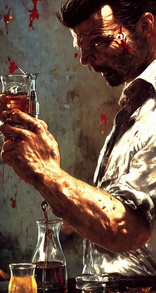 Image similar to close up of bloodied max payne pouring a drink, sun shining, photo realistic illustration by greg rutkowski, thomas kindkade, alphonse mucha, loish, norman rockwell.