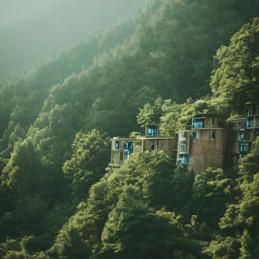 Image similar to sci fi round buildings in a steep sided valley with trees, a sense of hope and optimism, stark light, day time, unsplash, national geographic, hd, high res