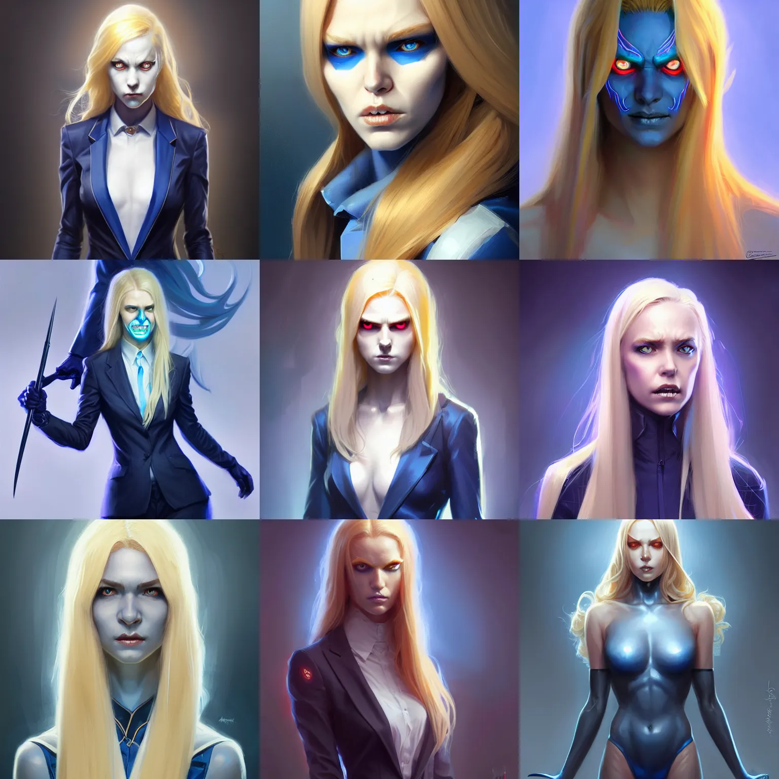 Prompt: girl in suit, long blonde hair, trident metal crown, dark grin, blue glowing eyes, highly detailed, smooth concept art, airbrush, by artgerm greg rutkowski artstation