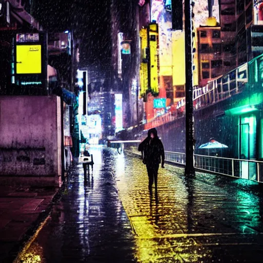 Prompt: a city street at night, raining, photograph, cars on the road, cyberpunk