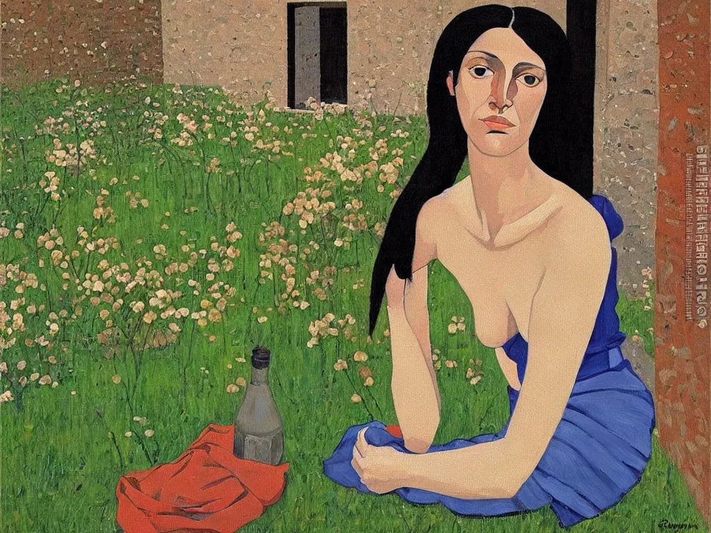 Prompt: a painted portrait of a women outdoors paused in thought, art by felice casorati, aesthetically pleasing and harmonious colors, expressionism