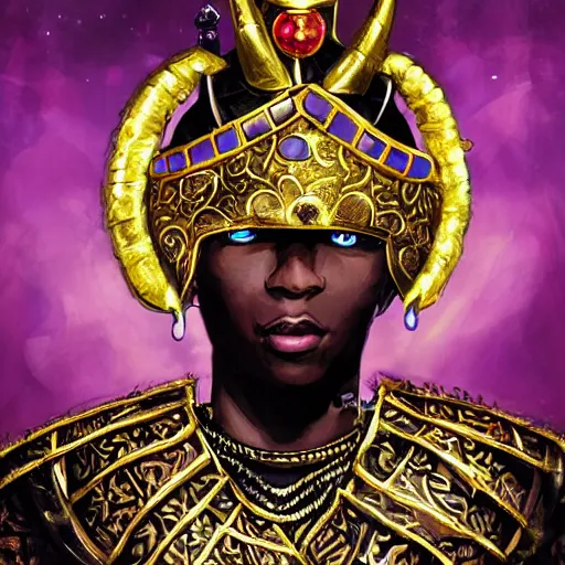 Image similar to a young black boy dressed like an african moorish warrior in gold armor and a crown with a ruby, and a very ornate glowing scimtar, for honor character digital illustration portrait design, by android jones in a psychedelic fantasy style, dramatic lighting, hero pose, wide angle dynamic portrait