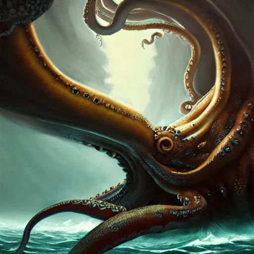 Image similar to a dream fantasy painting of a giant octopus in the deep of the ocean attack a man, by beksinki, giger, greg rutkowski, carne griffith trending on artstation, deviantart, photorealism