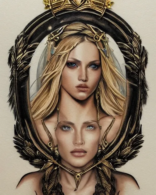 Image similar to tattoo design sketch of hot blonde super model as aphrodite greek goddess wearing a gold laurel wreath and triangle earrings, beautiful piercing gaze with sharp pupils, in the style of greg rutkowski, fantasy, amazing detail, epic, elegant, smooth, sharp focus, front view