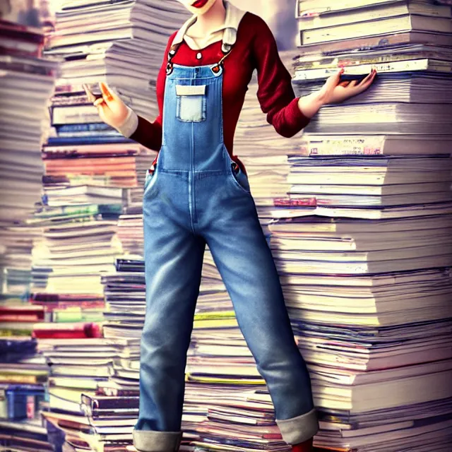 Image similar to full body pose, beautiful adult book fairy, pixar, short white hair shaved sides, dirty, grungy, grunge, long sleeve, painted overalls, stacks of giant books, highly detailed, 4 k, hdr, smooth, sharp focus, high resolution, award - winning photo, artgerm, photorealistic