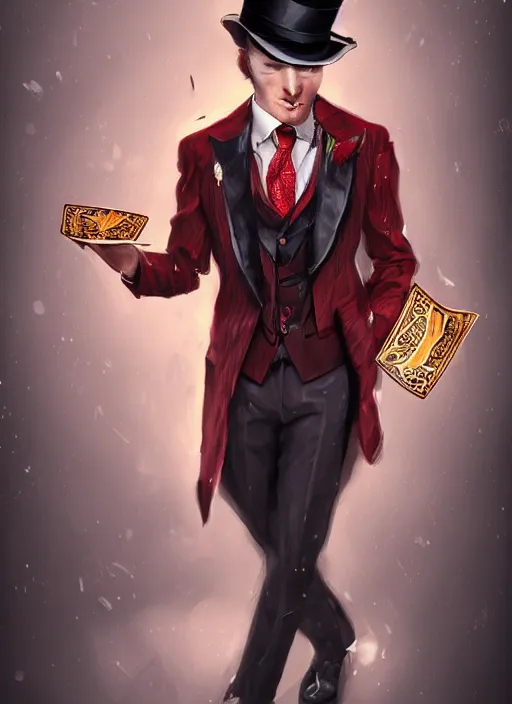 Image similar to a highly detailed illustration of stylish top hat wearing red haired attractive man, wearing suit vest, flashy card trick pose, intricate, elegant, highly detailed, centered, digital painting, artstation, concept art, smooth, sharp focus, league of legends concept art, WLOP