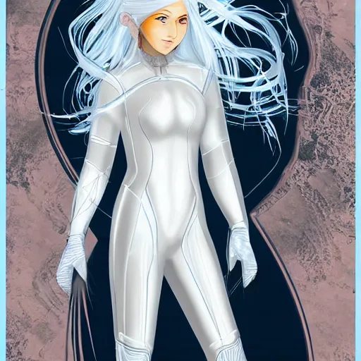 Image similar to beautiful white haired woman dressed in see through space suit in the style of zezhou chen highly detailed, smooth, sharp focus