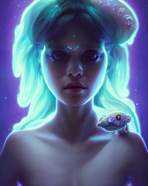 Prompt: one singular portrait of a cute bioluminescent creature with large eyes, highly detailed, digital painting, cinematic, hyper realism, dark retrowave, art by Stanley Lau and Artgerm and magali villeneuve and Alphonse Mucha, artstation, octane render, cgsociety