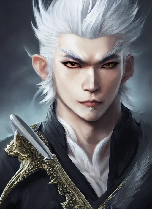 Prompt: a highly detailed illustration of fierce white haired parted through the middle young attractive asian man, wearing hakama, with black sclera eyes, heroically battle posing, intricate, elegant, highly detailed, centered, digital painting, artstation, concept art, smooth, sharp focus, league of legends concept art, WLOP