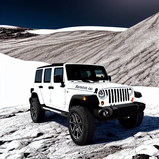 Image similar to white jeep wrangler driving on top of snowy mountain cornice, high quality digital art, dramatic lighting, cinematic, photo realism